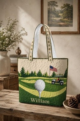 Custom Name Quilted Golf Course Tote Bag, Golf Cart Shoulder Handbag, Personaliz