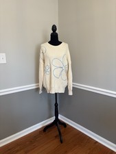 debut Ivory Knit Pullover Sweater M/L Crew Neck Long Sleeve Blue Flower Accents