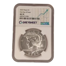 2023 Peace Dollar, NGC MS70 First Day of Issue Greysheet NGC label 1A