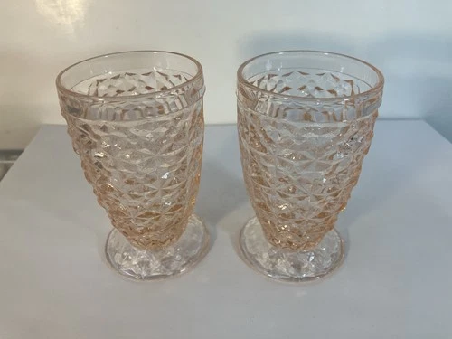 Set of 2 Pink Holiday Button and Bows Footed Juice Tumblers Depression Glass