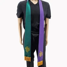 Abbott Hall 88in Reversible Purple Green IHS Clergy Stole Embroidered Vestment