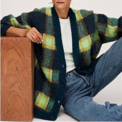 Mango Oversized Green-Mustard Yellow Plaid Long Sweater