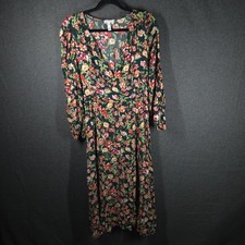 Leith Floral Midi Dress Women Med Green Long Sleeve Smocked Waist V-Neck Boho