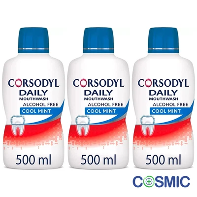 3 X Corsodyl Daily Gum Care Mouthwash Alcohol Free Cool Mint, 500ml