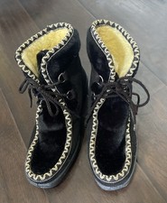 Vintage Quoddy Moccasins Womens 7 Black Snow Boots Sherpa Leather Fur Lace-Up