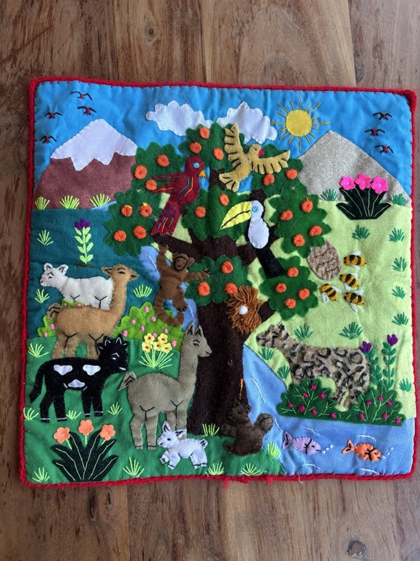Handmade In Peru Animal Square Scene 11 1/2 X 12 Inches Fabric Textile Folk Art