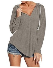 Women Deep V Neck Solid Pullover Hoodies Casual Lightweight Small Khaki