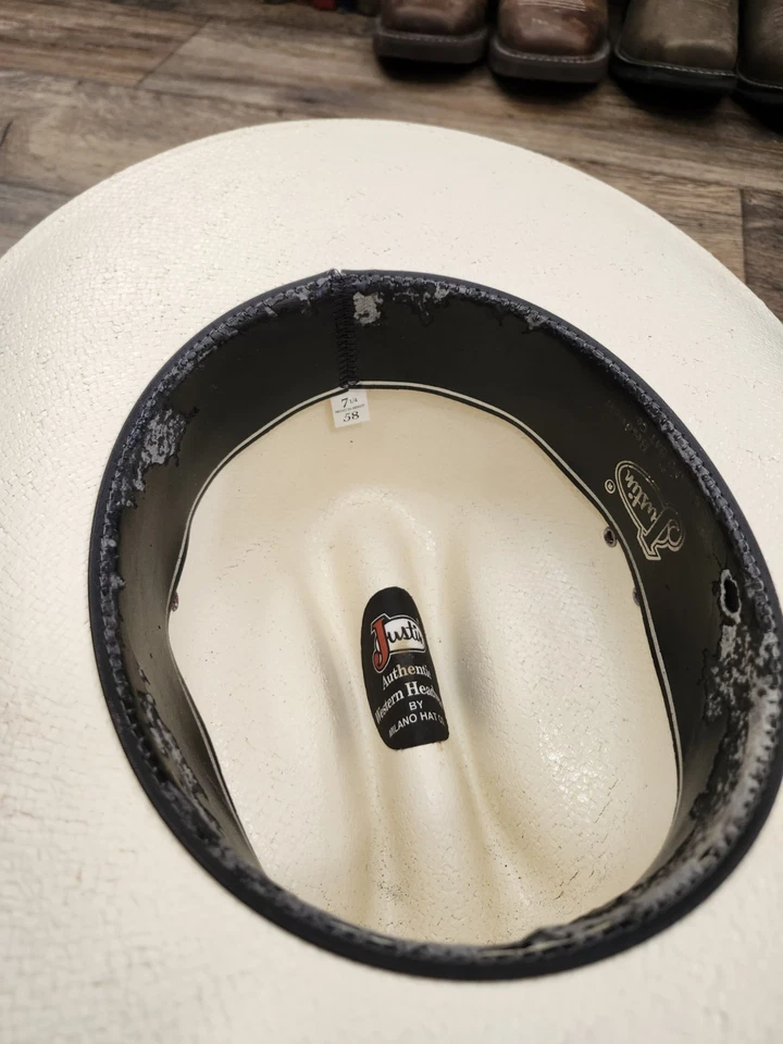 Sombrero de Vaquero Justin Milano Marfil Recubierto Duro Paja 10X Bandas Western 7 1/4 RODEO Foto 4 de 4