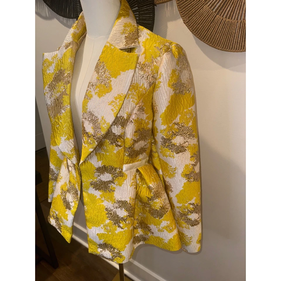 Chaqueta Blazer AKIRA Oro Amarillo Floral Metálico Brocado Cinturón Para Mujer L Foto 2 de 4