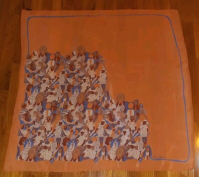 Bijou Brigitte Peach Blue Brown People 100% Silk Square Scarf 33''