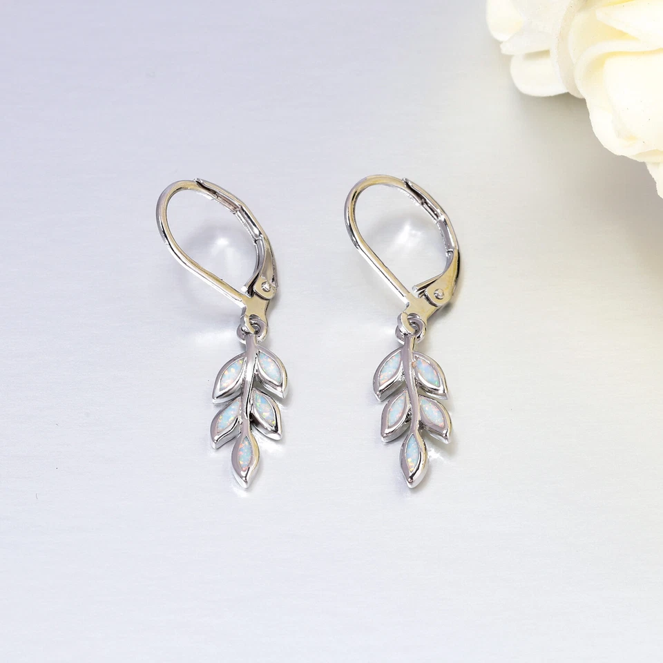 Pendientes colgantes de plata 925 con piedras preciosas de ópalo de fuego blanco joyas para mujer Foto 4 de 4
