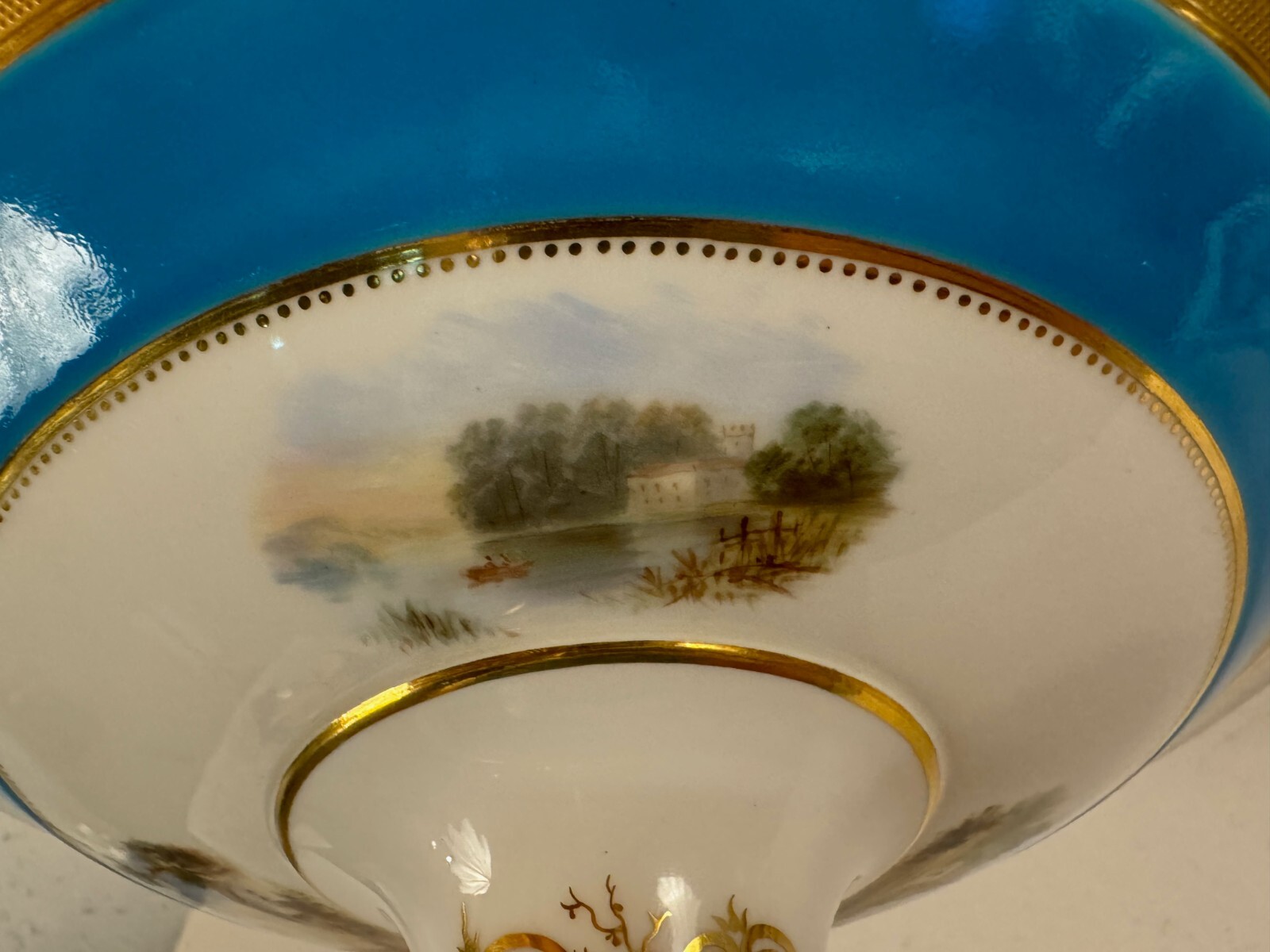 Antique Minton Porcelain Compote Blue Gold & Painted Landscape Scenes Decoration