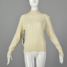 Small 1980s Cream Sweater Turtleneck Wool Cable Knit Winter White Jumper 80s VTG