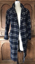 Ganni State St. Check Navy Blue Black White Plaid Wool Long Belt Trench Coat S
