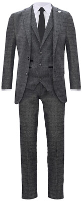 TruClothing Men’s Grey 3-Piece Tweed Suit – Herringbone Wool Blend, Slim Fit, Peaky Blinders Style