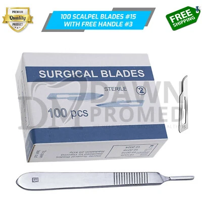 100 Sterile Surgical Blades #15 W/𝗙𝗥𝗘𝗘 BP Scalpel Handle #3 Medical German G