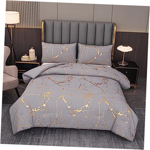 Gray Comforter Size, Grey and Gold Marble Bedding Set, 3 Pcs Queen Grey-gold