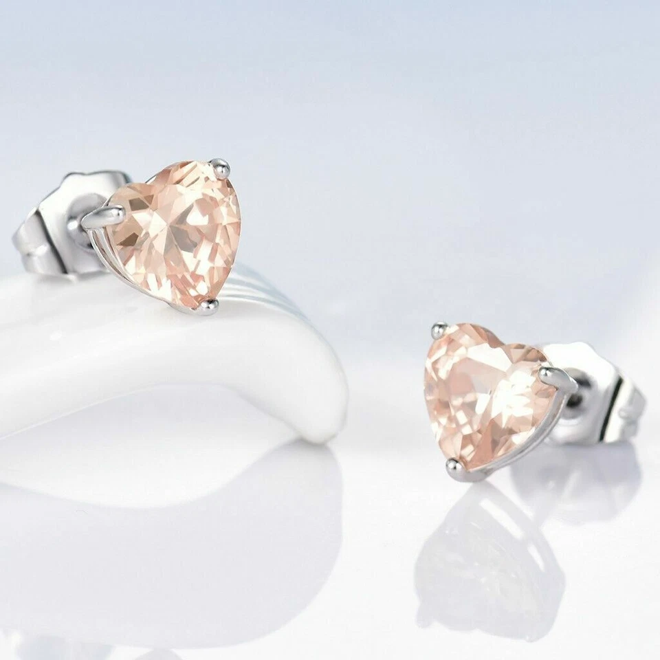 Bonitos Nuevos Pendientes Oro Blanco 18K Relleno Champagne/Morganita Corazón Circonita Foto 3 de 4