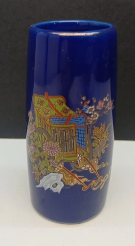 Vintage Asian Cobalt Blue Hand-Painted Small 3 3/4" Bud Vase