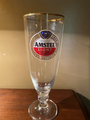 Set Of 2 AMSTEL LIGHT stemmed PREMIUM LAGER GOLD RIM PILSNER 33cl
