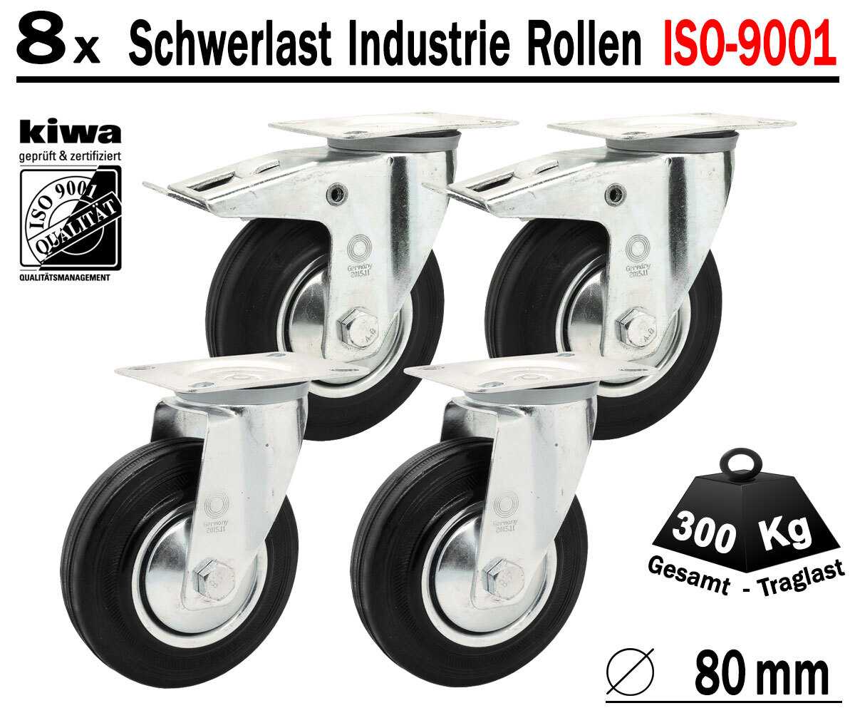 8 x Transport Schwerlast Lenkrollen Gummi Rollen Ø 80mm Br-Le BS-Rollen GERMANY