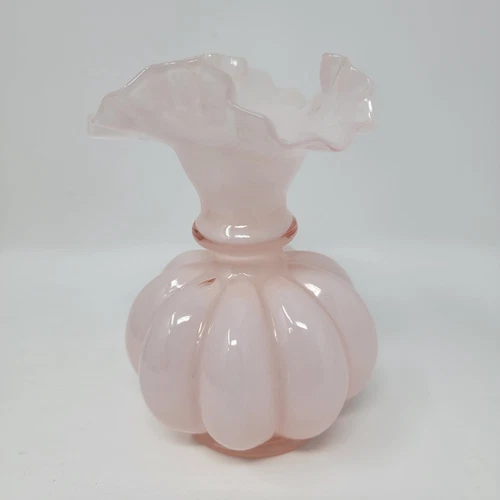 Fenton Pink Melon Glass Vase  Ruffled Top 6"