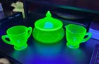 Vintage Uranium Glass Spiral Pattern Candy Dish & Cream & Sugar