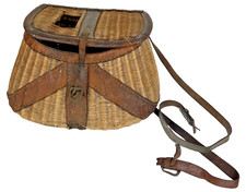 Vintage Antique FISHING CREEL BASKET WICKER LEATHER RUSTIC Cabin DECOR