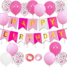 Pink Birthday Decorations, Happy Birthday Banner, 16 pcs 12 inch Balloons with 2