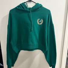 PINK Victoria's Secret Cropped Hoodie Green Laurel Logo Drawstring Women's Sz L