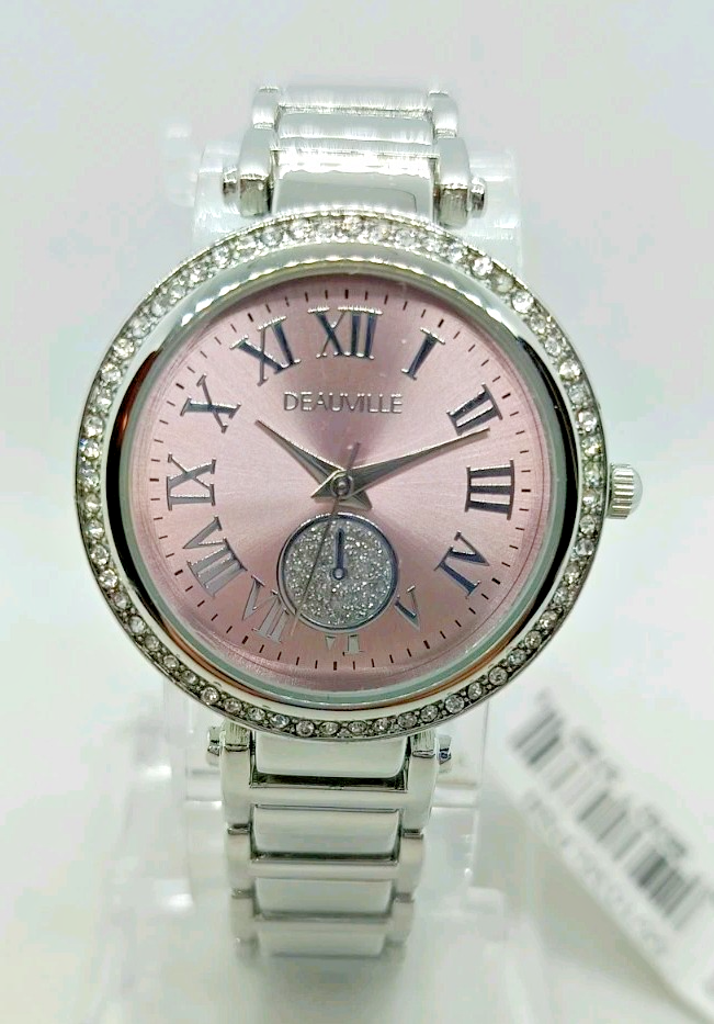 OROLOGIO DONNA DEAUVILLE QUADRANTE ROSA NUMERI ROMANI,ZIRCONI BIANCHI,CASSA 32mm