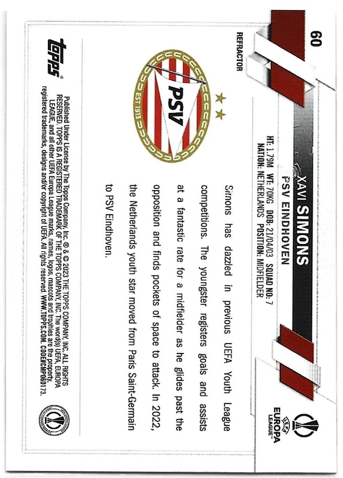 2022-23 Topps Chrome UEFA Club Competitions Xavi Simons Silver Refractor #60 - Image 2 of 2