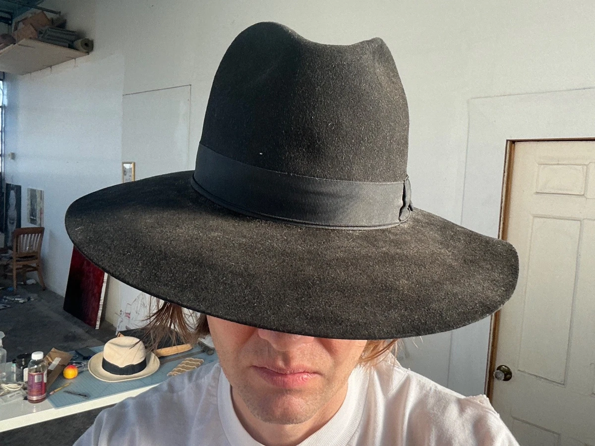 Sombrero Fedora Vintage Ala Ancha Fieltro Piel Vino Negro Talla 7-1/8