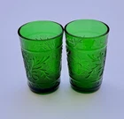 2 Vintage Anchor Hocking Sandwich Glass Forest Green Juice Glasses 3.5" Set