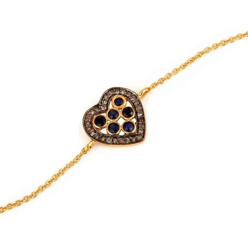 Pave Diamond Blue Sapphire Heart Design Charm Bracelet In 18K Gold Over Silver - Picture 2 of 2