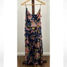 Lulus NWOT Stunning Soiree Navy Blue Floral Print Ruched Midi Dress Medium
