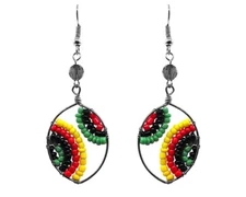 Rasta Beaded Ellipse Silver Metal Dangle Earrings Handmade Island Boho Jewelry
