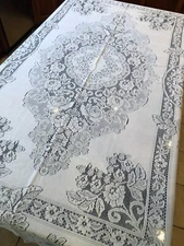VTG Floral Design White Lace Polyester Quaker Tablecloth 62"x86"
