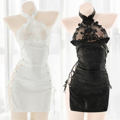 Womens Sexy Gothic Lace Up Backless Cheongsam Dress Chinese Qipao Lingerie Party