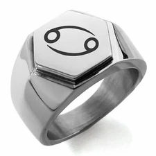 Stainless Steel Astrology Cancer Mens Hexagon Crest Biker Style Signet Ring
