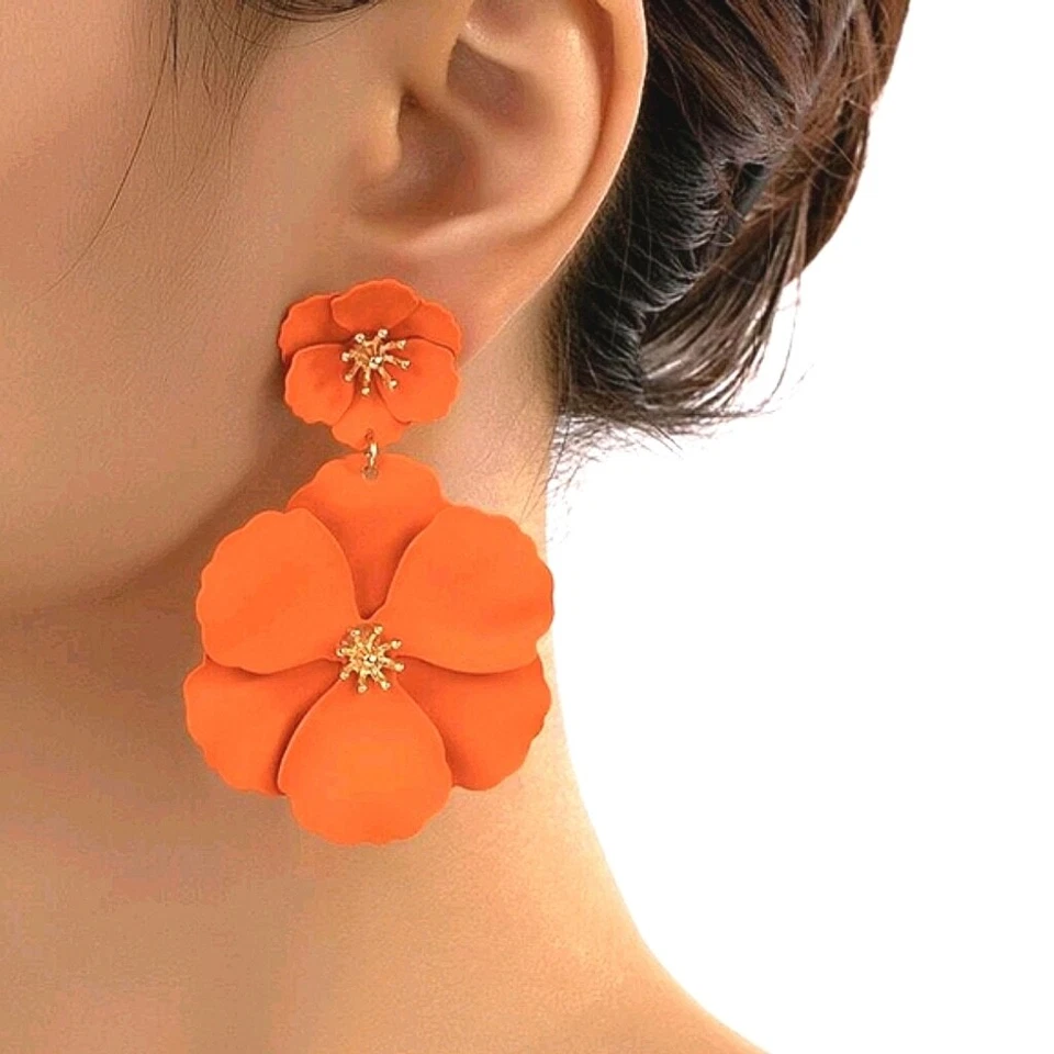 Pendientes Naranja Floral Bohemio - Suave Clip-on Flor Mandarina Pendiente Foto 2 de 4