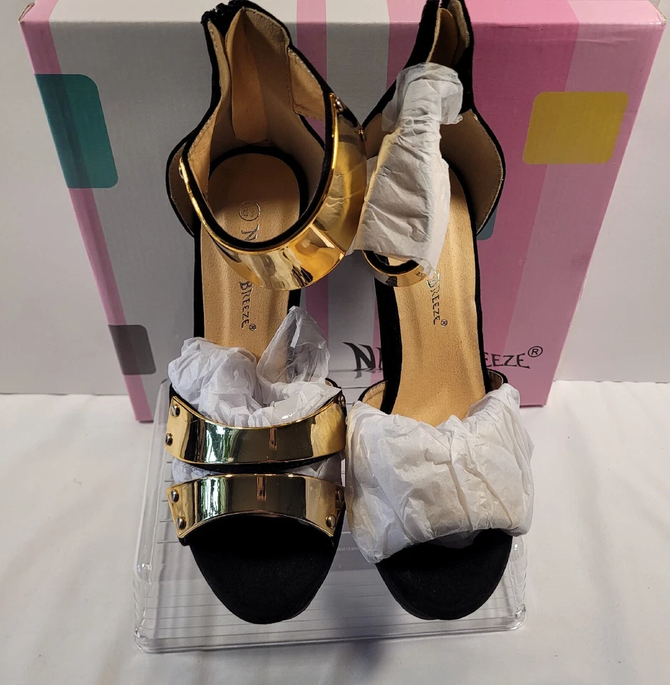 Damas NATURE BREEZE Negro Gamuza-Dorado Correa Tacón de Cuña Alto Talla 6 1/2, Devan-05 Foto 4 de 4