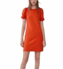 Zara Tangerine Orange Nubby Texture Dress Pouf Short Sleeve M