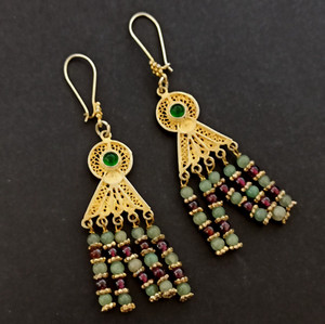 Authentic Vintage 14K Gold Plated Sterling Earrings Oriental Chandelier Jade Garnet Boho