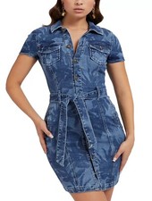 GUESS Women's Stella Tropical Print Denim Mini Dress Blue Sz XS NWT