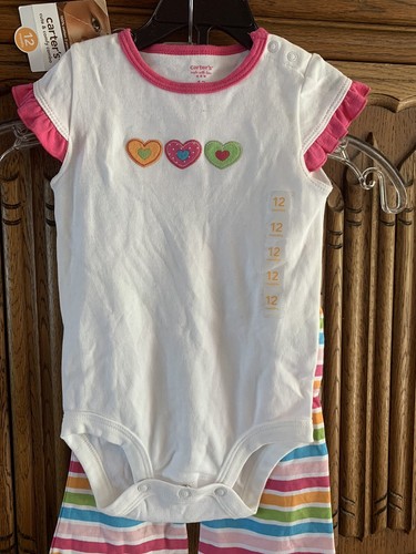 carters 12 month girl cotton 2 piece set stripe pants one piece snap button - Picture 3 of 5