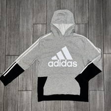 Adidas Hoodie Youth Size Large 14/16 Gray Black Hooded Long Sleeve Pullover