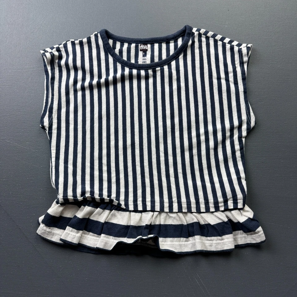 Tea Collection Girls Top Size 5 Striped Ruffle Hem Cotton Navy White Boutique - Image 4 of 4