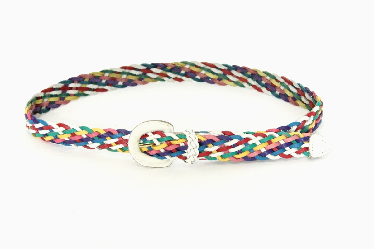 Vintage 80s 90s Genuine Leather Rainbow Braided Belt Boho Women\'s Size Small 90s Multicolor Braided Leather Belt, Rainbow Woven Belt  main image 2