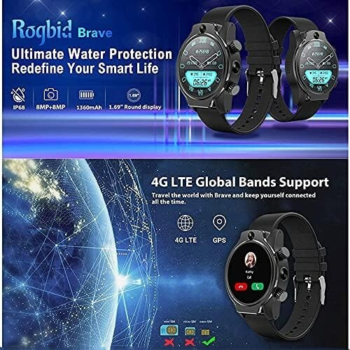 Rogbid Brave Smart Watch 4G Call 1.69" Round Screen 8MP Camera IP68 Waterproof - Picture 2 of 7